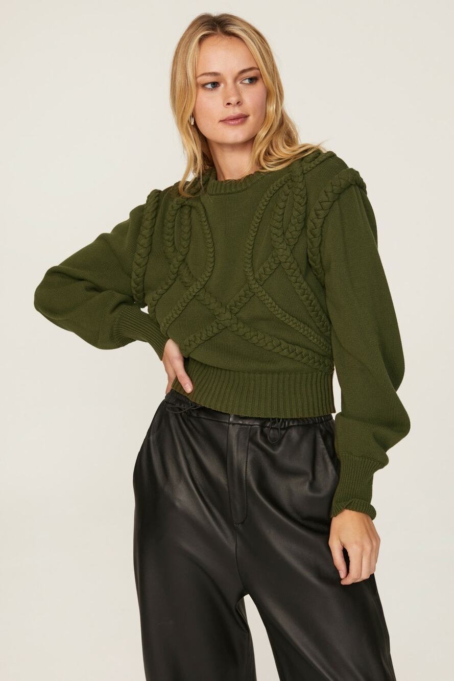 Ronny Kobo Yeva Moss Green Long Sleeve Braided Knit Crewneck Sweater Size Small